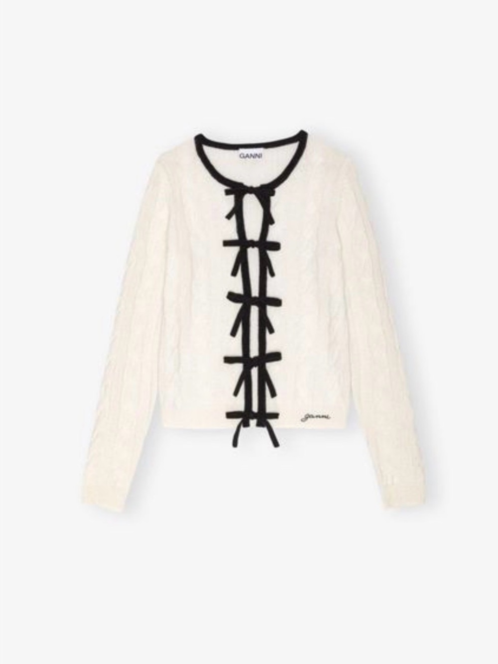 Ganni Cream Cable-Knit Cardigan AND tank with Black Bow Trim